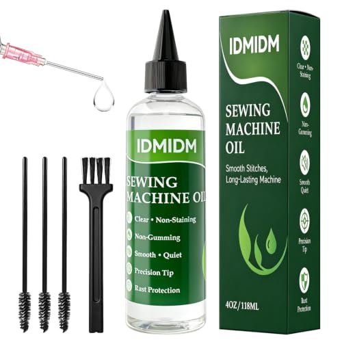 IDMIDM Sewing Machine Oil, 4 Oz Clear White Mineral Oil, Includes Separate Precision Applicator Kit, 4 Cleaning Brushes, Non-Gumming & Non-Staining Formula