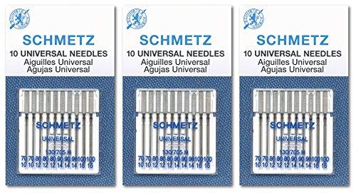 SCHMETZ Universal Sewing Machine Needles, Three 10-Pack Assortment, 30 Needles, 70/10, 80/12, 90/14, 100/16