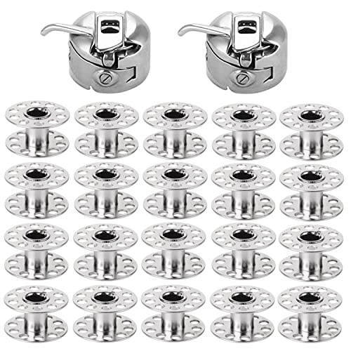 2 Pieces Bobbin Case with 20 Pieces Sewing Machine Metal Bobbins, Replacement Bobbins for Craft Sewing, Compatible with Brother, Janome, Singer, Bernina, Toyata, Etc Front Loading 15 Class Machines